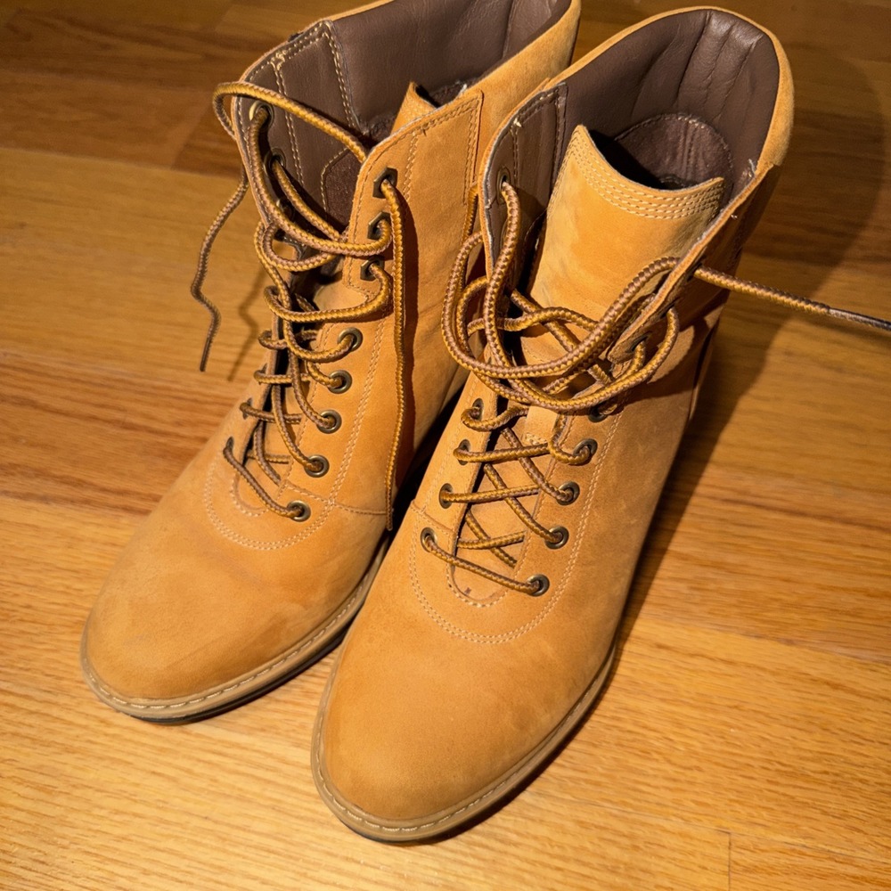 Timberland Wedge Heel Size 9 Kellis Nubuck Ankle Boots Leather Tan Lace Up